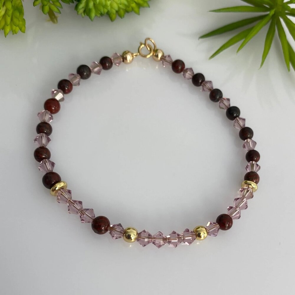 18 Gold Filled 4mm Swarovski Amethyst & Red Tiger Eye Beads Bracelet